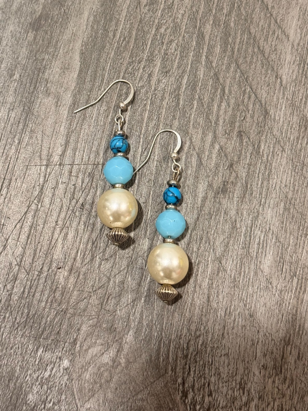 Pearl and Turquoise Bead Drop Earrings - Blue and Cream